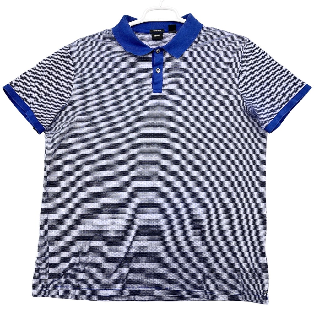 Hugo Boss Mens Regular Fit Blue White Micro Stripe Cotton Polo Shirt XXL